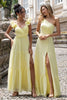 Load image into Gallery viewer, Yellow A Line One Shoulder Long Wedding Party Guest Dress with Slit