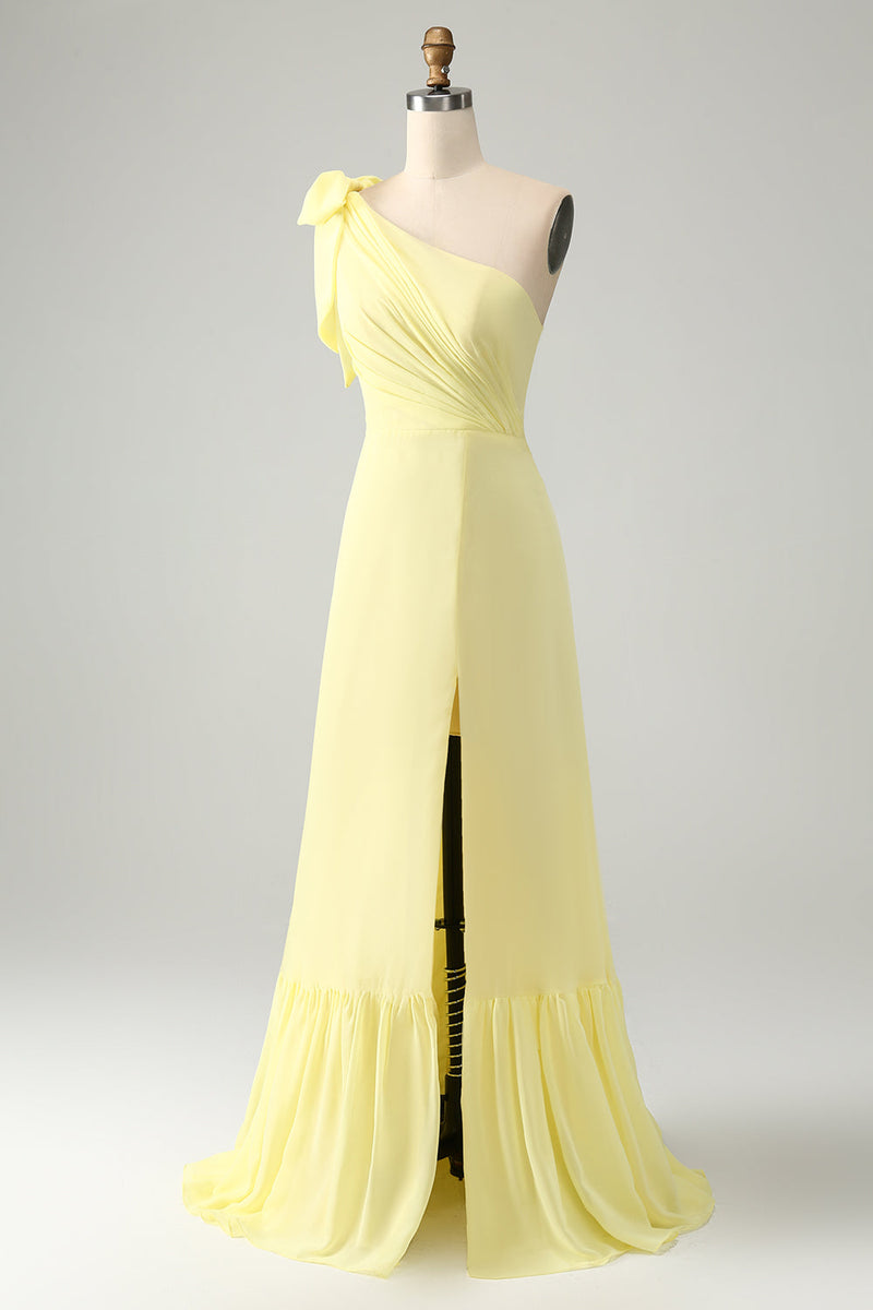 Load image into Gallery viewer, A Line One Shoulder Yellow Long Wedding Guest Dress with Slit