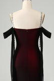Sparkly Black Red Sheath Cold Shoulder Long Bridesmaid Dress
