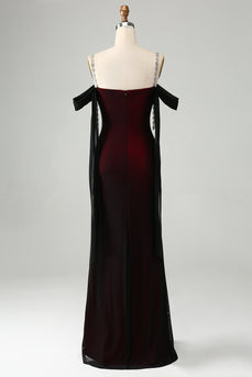 Sparkly Black Red Sheath Cold Shoulder Long Bridesmaid Dress