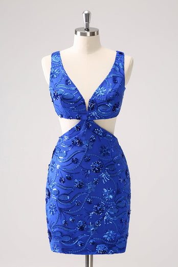 Royal Blue Bodycon Cut Out Graduation Dress with Beading