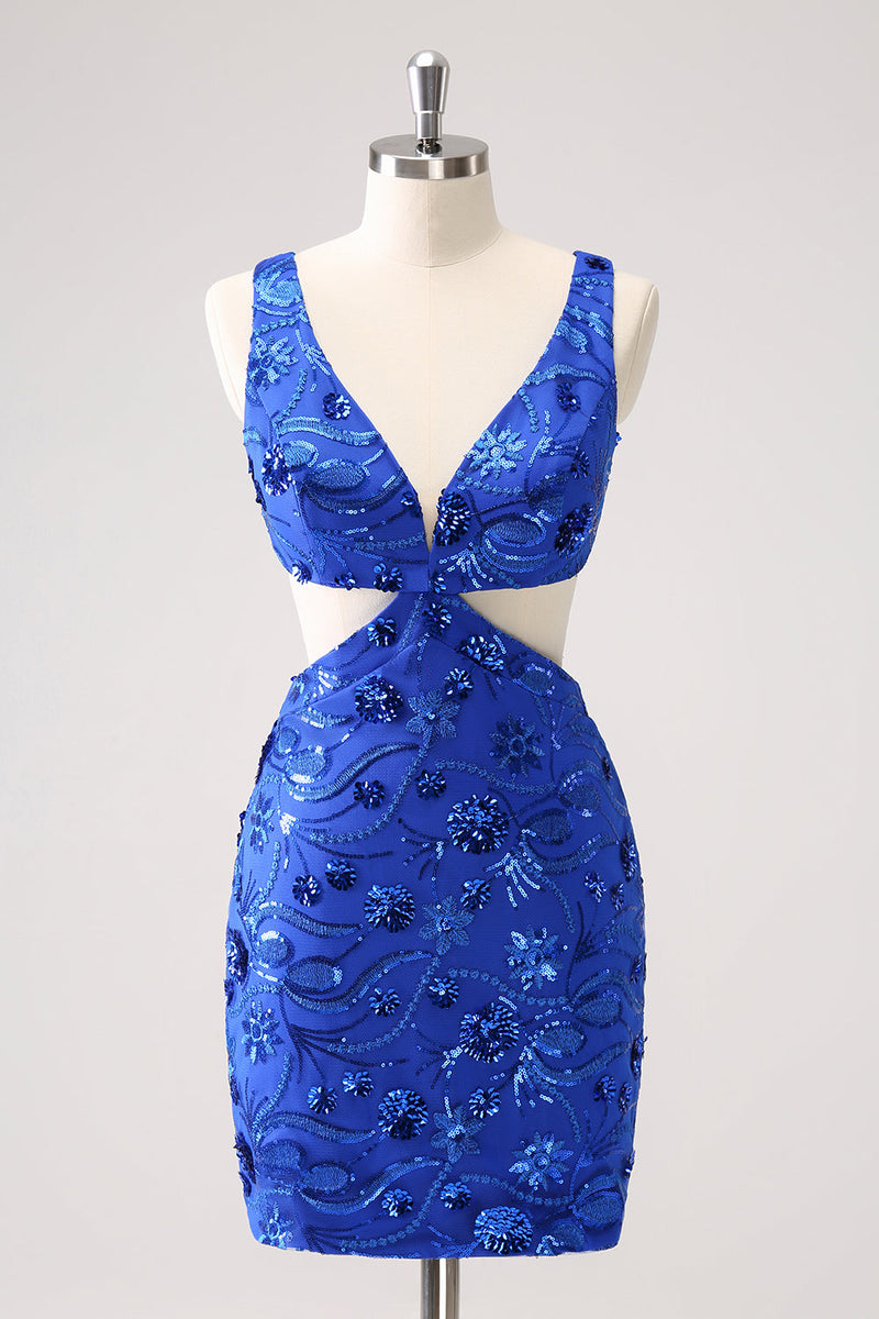 Load image into Gallery viewer, Royal Blue Bodycon Cut Out Graduation Dress with Beading