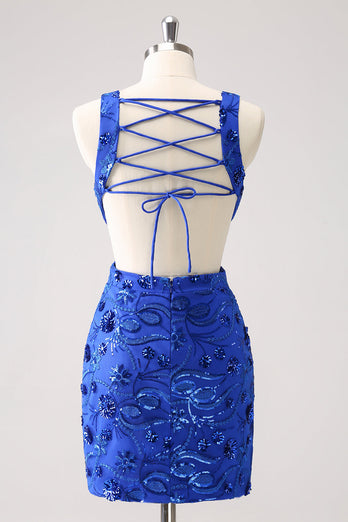 Royal Blue Bodycon Cut Out Graduation Dress with Beading