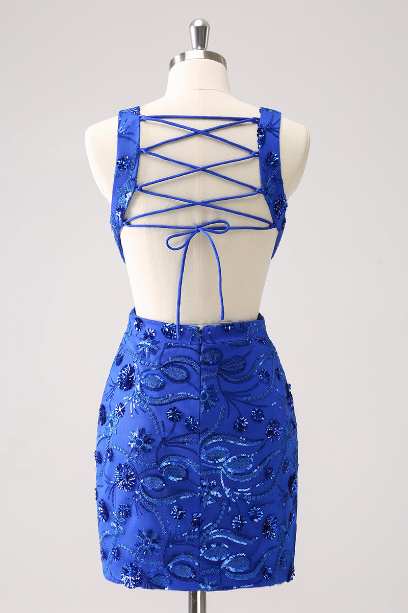 Load image into Gallery viewer, Royal Blue Bodycon Cut Out Graduation Dress with Beading