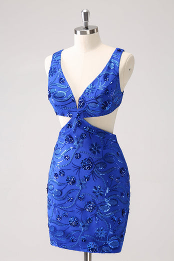 Royal Blue Bodycon Cut Out Graduation Dress with Beading