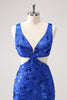 Load image into Gallery viewer, Royal Blue Bodycon Cut Out Graduation Dress with Beading