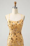 Glitter Yellow Sequined Embroidery Tight Short Graduation Dress with Beading