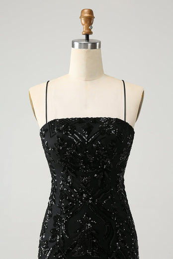 Chic Glitter Black Spaghetti Straps Tight Graduation Dress with Sequins