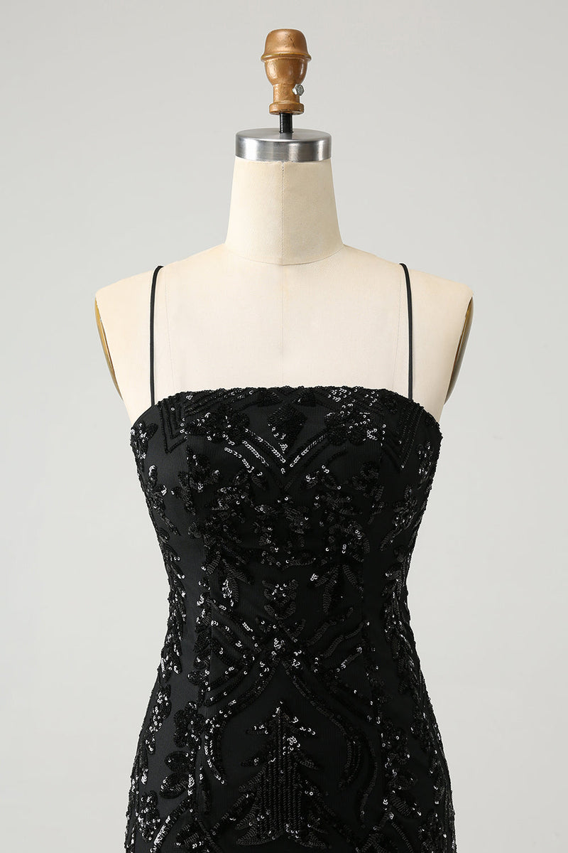 Load image into Gallery viewer, Chic Glitter Black Spaghetti Straps Tight Graduation Dress with Sequins