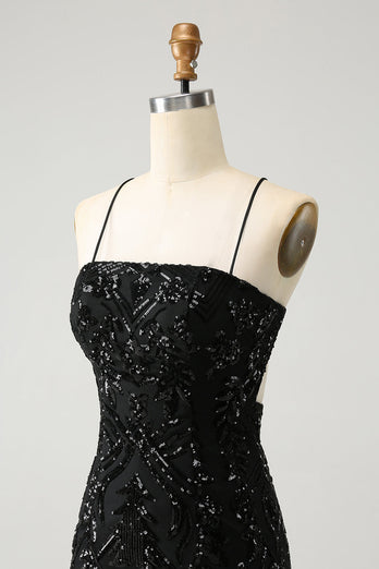 Chic Glitter Black Spaghetti Straps Tight Graduation Dress with Sequins