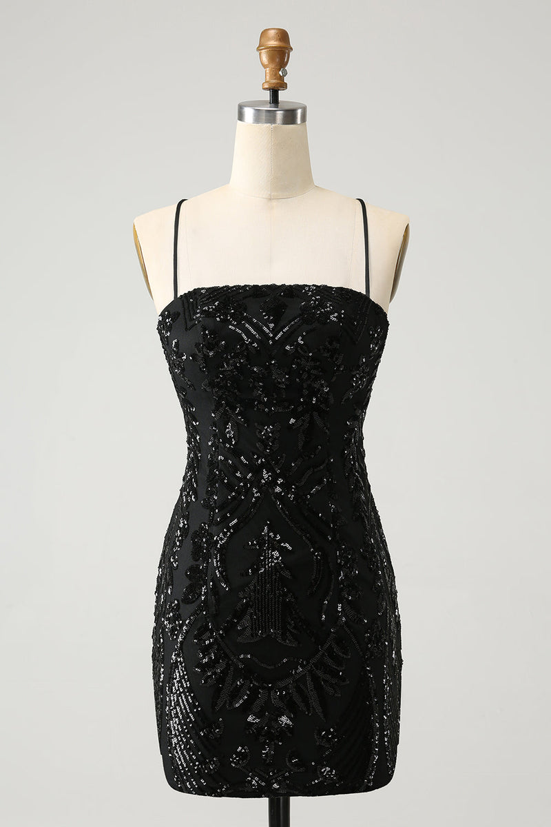 Load image into Gallery viewer, Chic Glitter Black Spaghetti Straps Tight Graduation Dress with Sequins