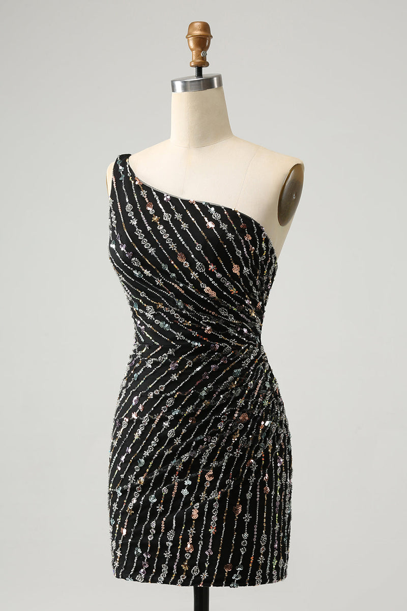 Load image into Gallery viewer, Glitter Black One Shouder Tight Short Graduation Dress with Beading