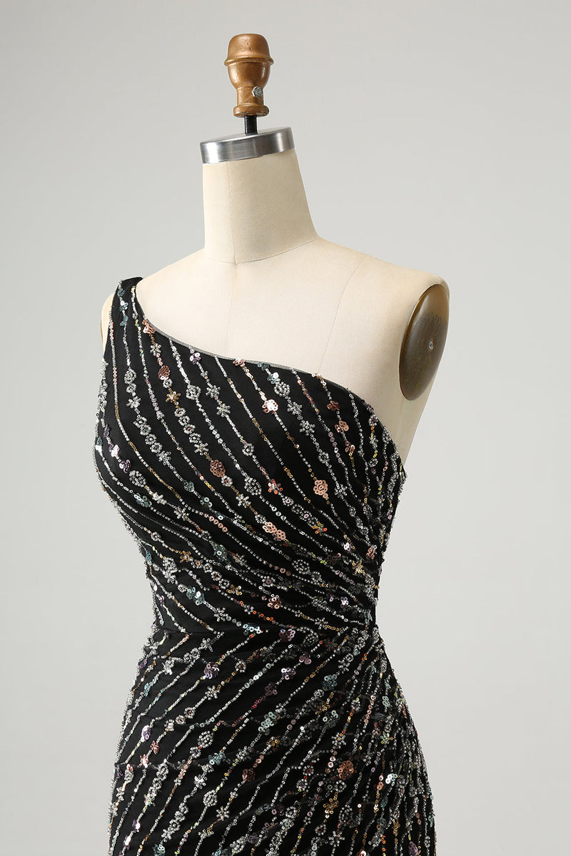 Load image into Gallery viewer, Glitter Black One Shouder Tight Short Graduation Dress with Beading