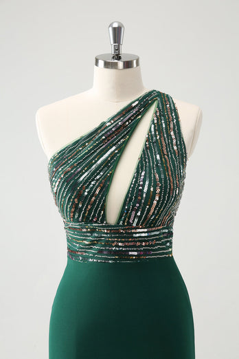 Glitter Dark Green Tight One Shoulder Cut-Out Graduation Dress