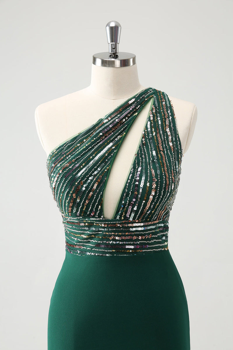 Load image into Gallery viewer, Glitter Dark Green Tight One Shoulder Cut-Out Graduation Dress