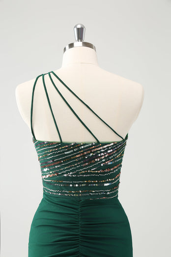 Glitter Dark Green Tight One Shoulder Cut-Out Graduation Dress