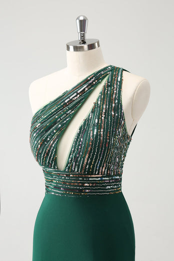 Glitter Dark Green Tight One Shoulder Cut-Out Graduation Dress