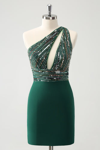 Glitter Dark Green Tight One Shoulder Cut-Out Graduation Dress