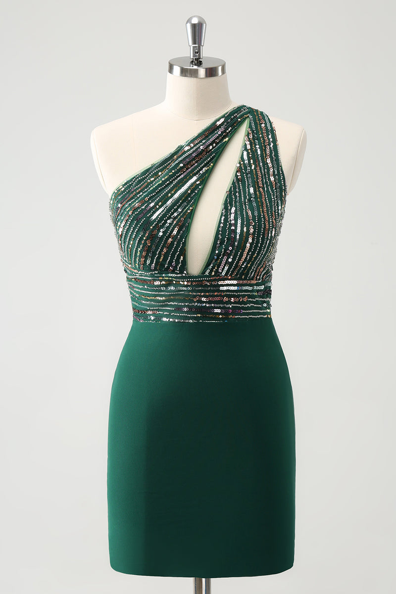 Load image into Gallery viewer, Glitter Dark Green Tight One Shoulder Cut-Out Graduation Dress