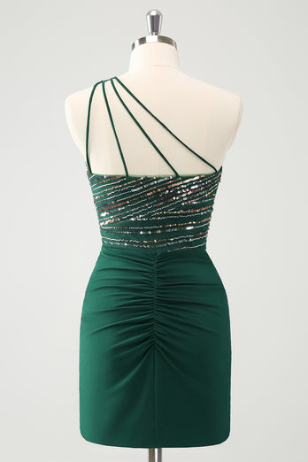 Glitter Dark Green Tight One Shoulder Cut-Out Graduation Dress