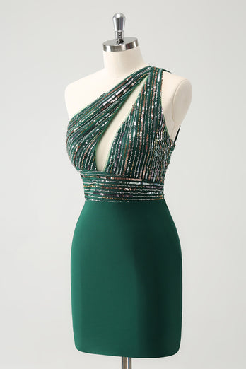 Glitter Dark Green Tight One Shoulder Cut-Out Graduation Dress