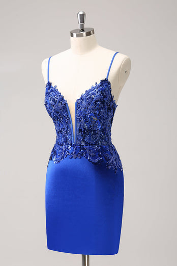 Sparkly Royal Blue Sequin Tight Short Graduation Dress With Lace Up Back