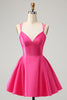 Load image into Gallery viewer, Fuchsia A Line Spaghetti Straps Backless Short Cute Graduation Dress