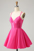 Load image into Gallery viewer, Fuchsia A Line Spaghetti Straps Backless Short Cute Graduation Dress