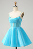 Load image into Gallery viewer, Cute Glitter Blue A Line Spaghetti Straps Corset Graduation  Dress with Beading