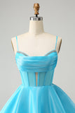 Cute Glitter Blue A Line Spaghetti Straps Corset Graduation  Dress with Beading