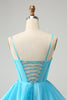 Load image into Gallery viewer, Cute Glitter Blue A Line Spaghetti Straps Corset Graduation  Dress with Beading