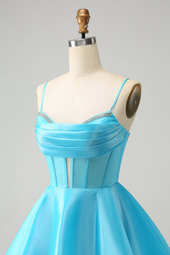 Cute Glitter Blue A Line Spaghetti Straps Corset Graduation  Dress with Beading