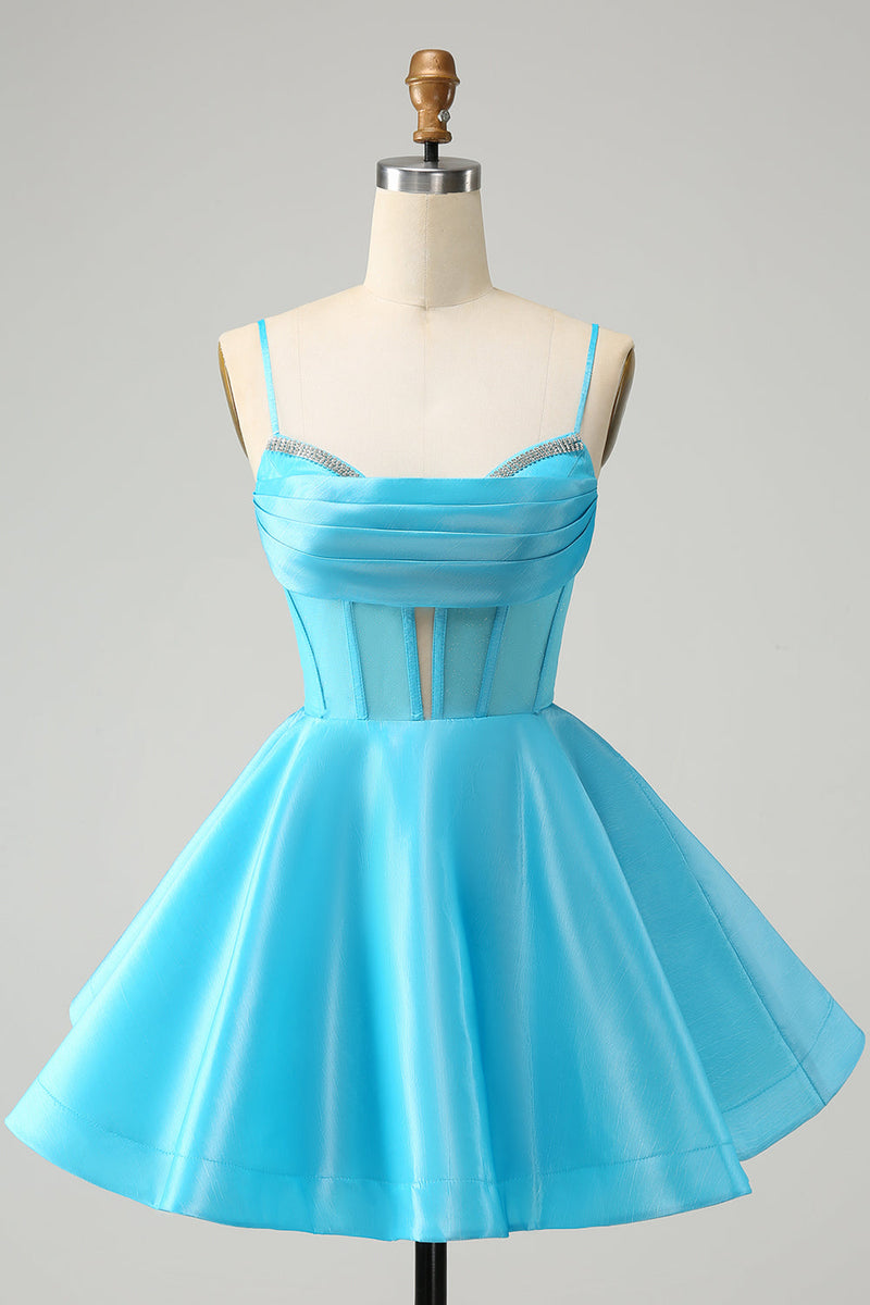 Load image into Gallery viewer, Cute Glitter Blue A Line Spaghetti Straps Corset Graduation  Dress with Beading