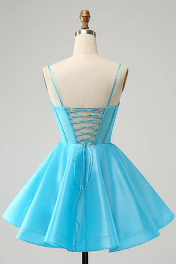 Cute Glitter Blue A Line Spaghetti Straps Corset Graduation  Dress with Beading