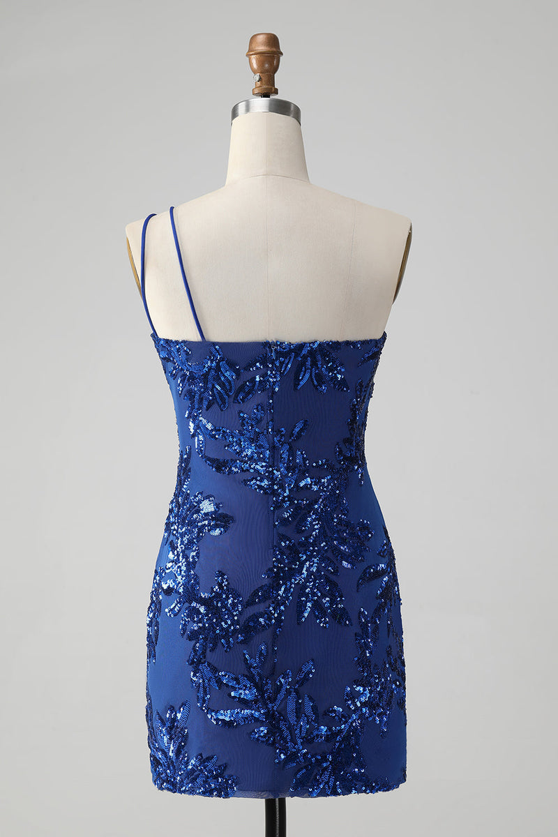 Load image into Gallery viewer, Sparkly Bodycon Royal Blue One Shoulder Sequins Graduation Dress with Embroidery