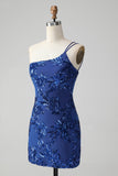 Sparkly Bodycon Royal Blue One Shoulder Sequins Graduation Dress with Embroidery