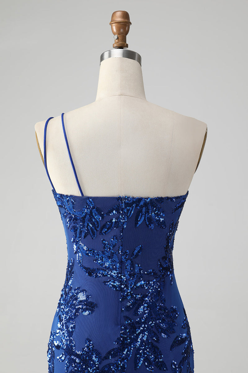 Load image into Gallery viewer, Sparkly Bodycon Royal Blue One Shoulder Sequins Graduation Dress with Embroidery