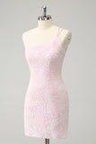 Glitter Pink One Shoulder Tight Graduation Dress with Sequins