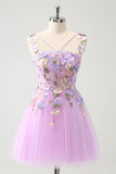 Elegant Purple A Line Halter Flowers Tulle Short Graduation Dress with Lace Up Back