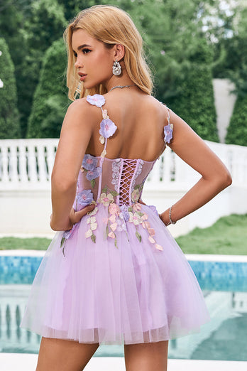 Purple A Line Halter 3D Appliques Tulle Short Graduation Dress