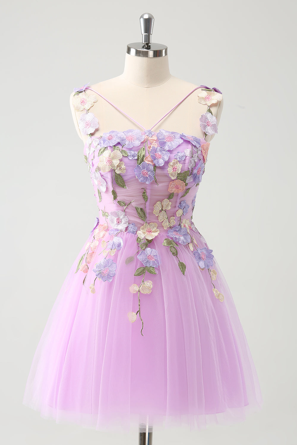 Purple A Line Halter 3D Appliques Tulle Short Graduation Dress