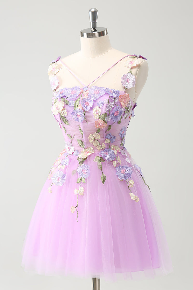 Load image into Gallery viewer, Purple A Line Halter 3D Appliques Tulle Short Graduation Dress