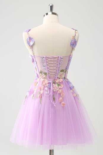 Purple A Line Halter 3D Appliques Tulle Short Graduation Dress