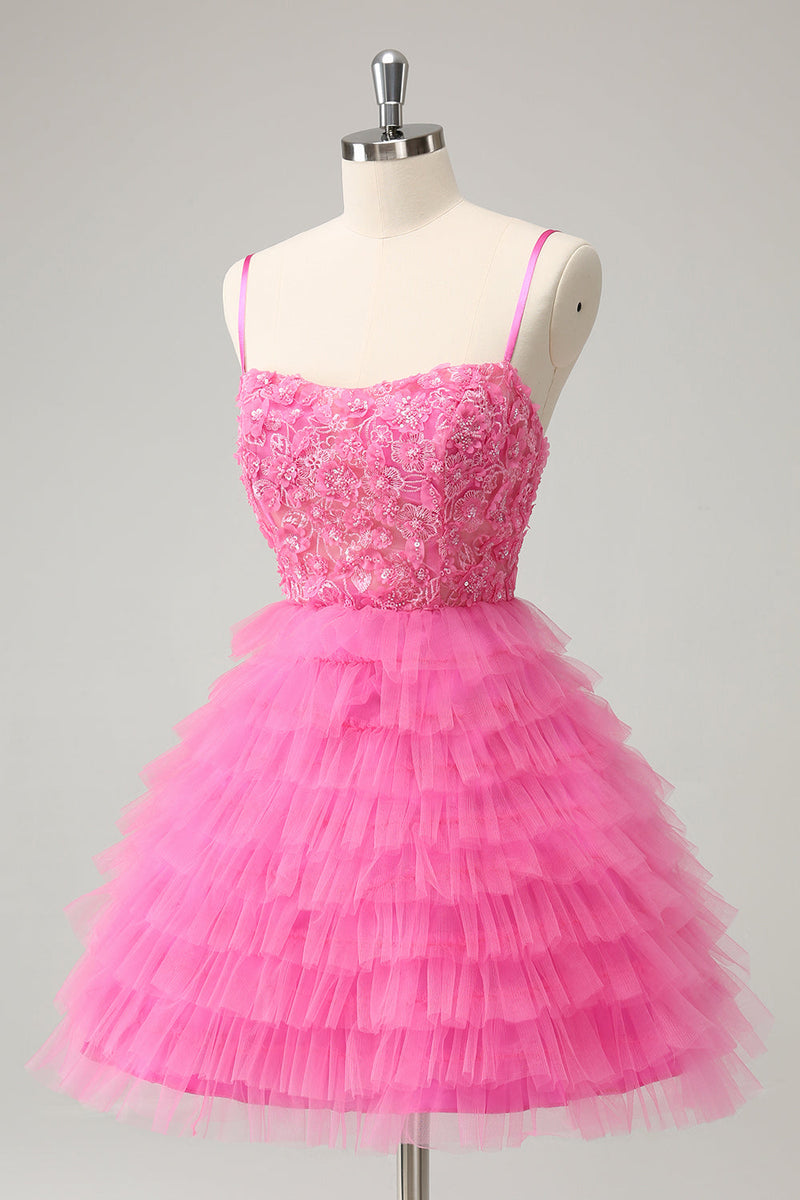 Load image into Gallery viewer, Glitter Pink A Line Spaghetti Straps Tiered Flowers Tulle Cute Graduation Dress