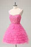 Glitter Pink A Line Spaghetti Straps Tiered Flowers Tulle Cute Graduation Dress