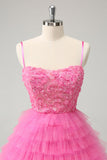 Glitter Pink A Line Spaghetti Straps Tiered Flowers Tulle Cute Graduation Dress