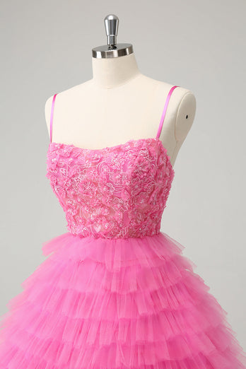 Glitter Pink A Line Spaghetti Straps Tiered Flowers Tulle Cute Graduation Dress