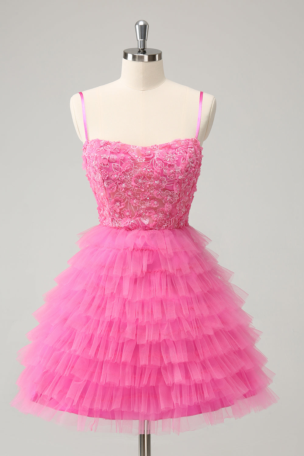 Glitter Pink A Line Spaghetti Straps Tiered Flowers Tulle Cute Graduation Dress