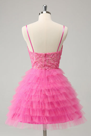 Glitter Pink A Line Spaghetti Straps Tiered Flowers Tulle Cute Graduation Dress