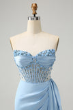 Sparkly Blue Bodycon Sweetheart Corset Graduation Dress with Beading